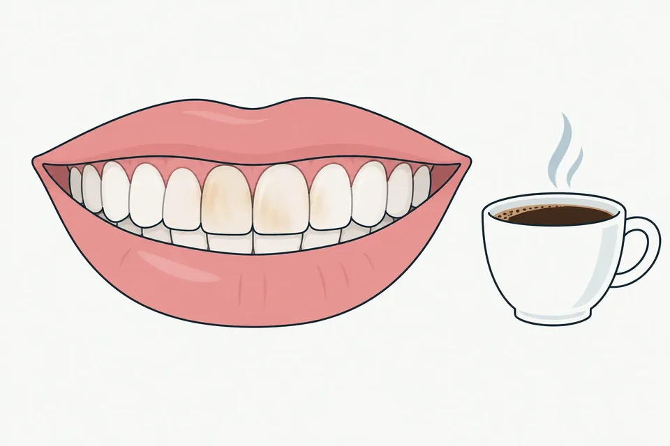 Framtänder med läppar i närbild och en kaffekopp bredvid