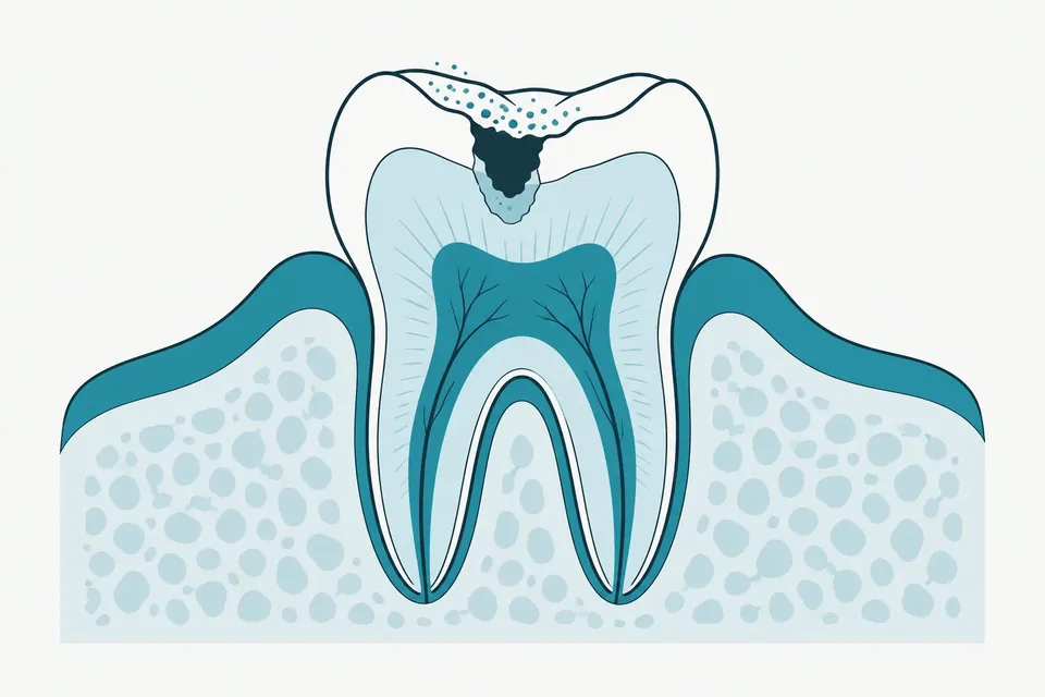 Kindtand i genomskärning med ett hål genom emaljen in i dentinet