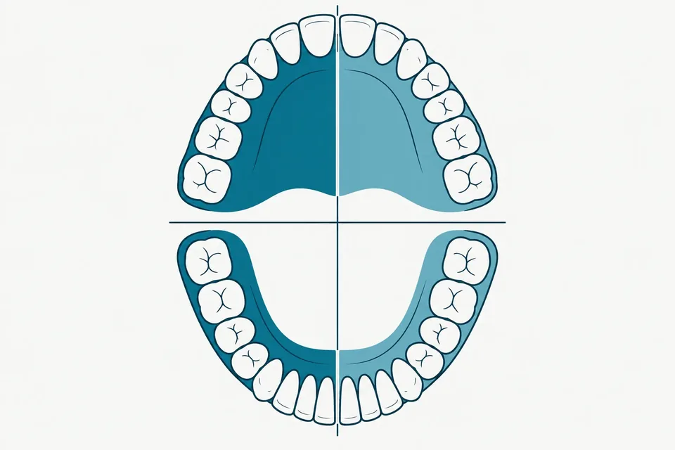 Schematiskt tandbågsdiagram med framtänder, hörntänder, premolarer och kindtänder