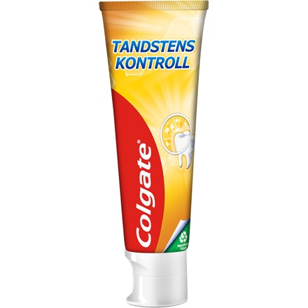 Colgate tandstenskontroll, en billig tandkräm innehållandes polyfosfat